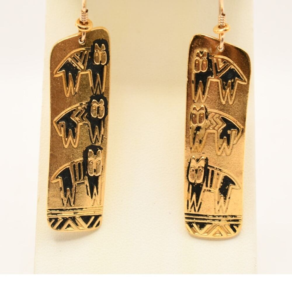 Vintage Laurel Burch Animal Earrings Black Enamel Gold Tone Signed